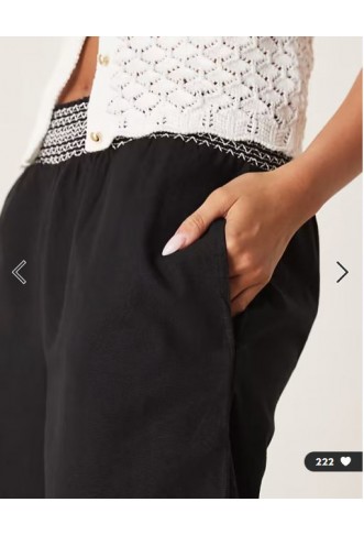 ASOS DESIGN linen blend pull on wide leg trousers with shirred waist detail in black with cream