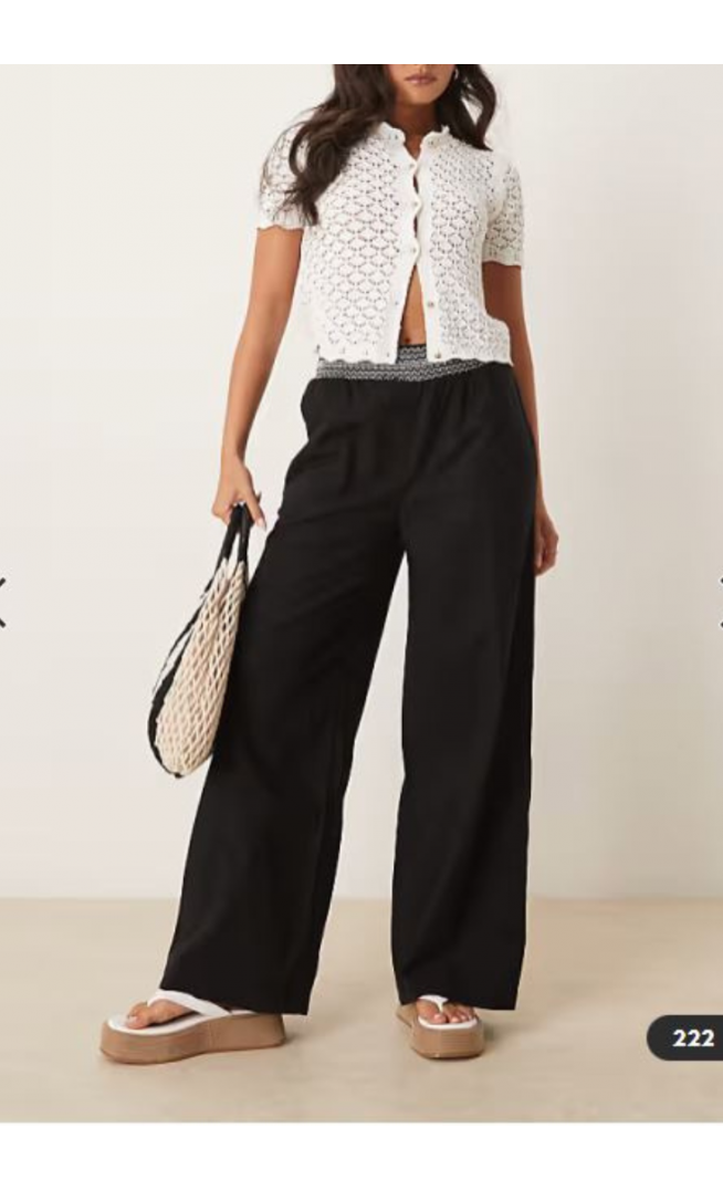 ASOS DESIGN linen blend pull on wide leg trousers with shirred waist detail in black with cream