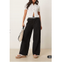 ASOS DESIGN linen blend pull on wide leg trousers with shirred waist detail in black with cream