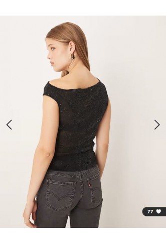 JJXX asymmetric glitter sheer top in black