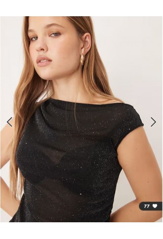 JJXX asymmetric glitter sheer top in black