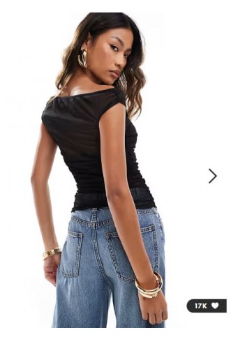 ASOS DESIGN gathered short sleeve off shoulder mesh top in black