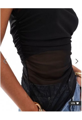 ASOS DESIGN gathered short sleeve off shoulder mesh top in black
