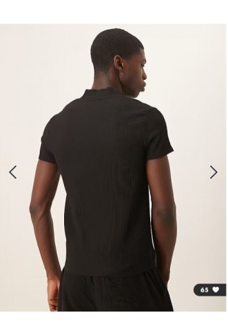ASOS DESIGN co-ord muscle fit boxy t-shirt with zipped funnel neck in black plisse