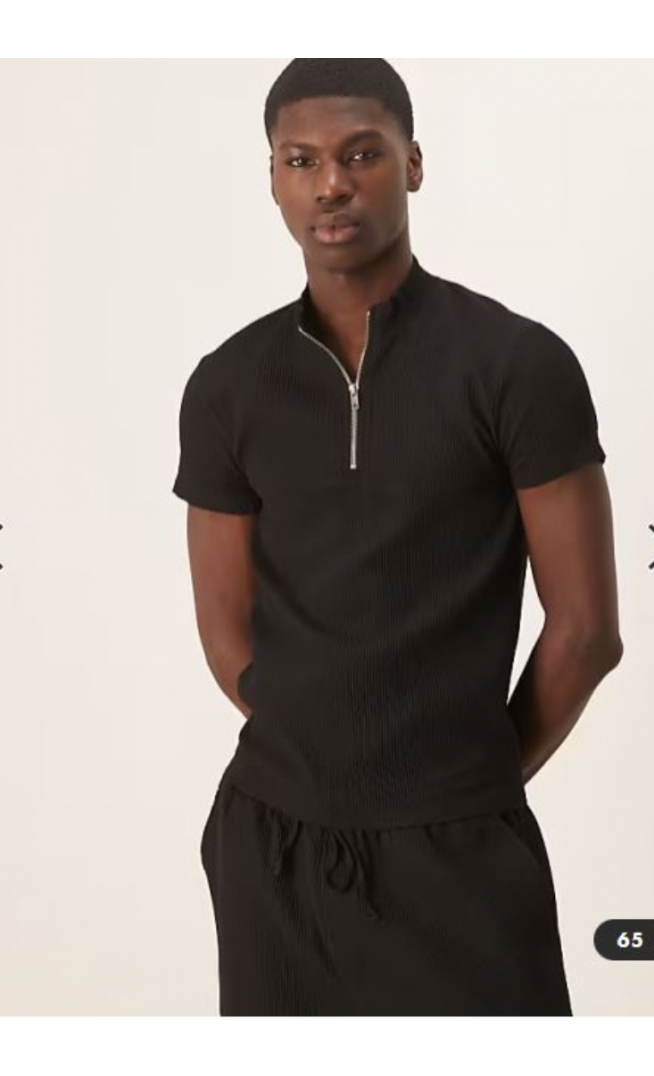 ASOS DESIGN co-ord muscle fit boxy t-shirt with zipped funnel neck in black plisse