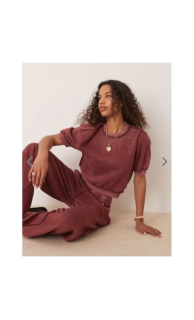 ASOS DESIGN exposed seam short sleeve sweat tee co-ord washed burgundy