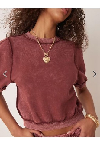 ASOS DESIGN exposed seam short sleeve sweat tee co-ord washed burgundy
