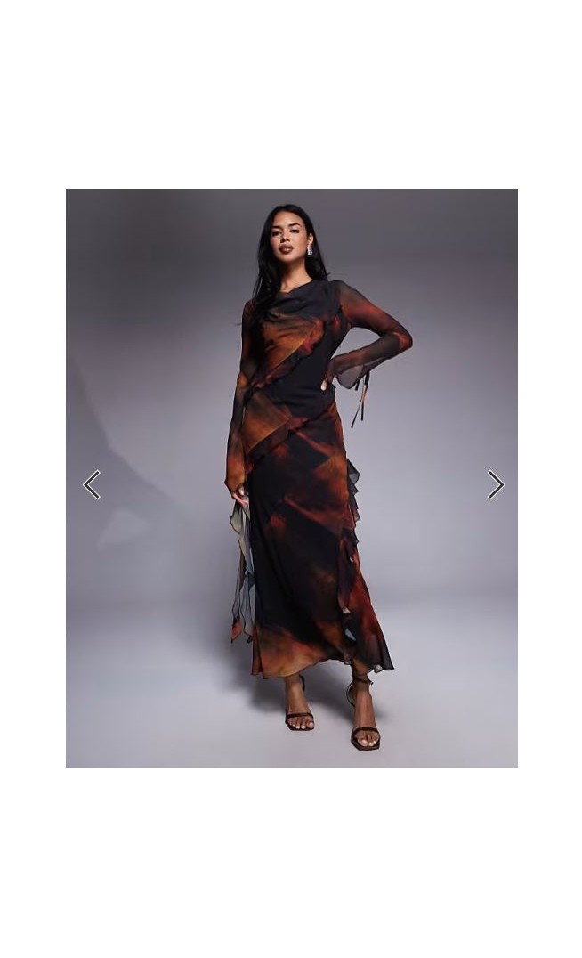 Daska chiffon maxi dress with frill details in orange abstract print