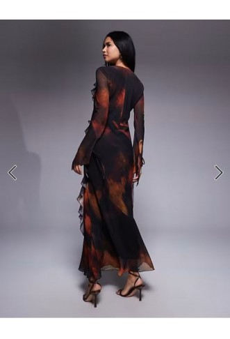 Daska chiffon maxi dress with frill details in orange abstract print