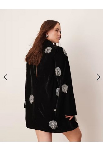 ASOS EDITION Curve embellished diamante fringe high neck velvet mini dress in black