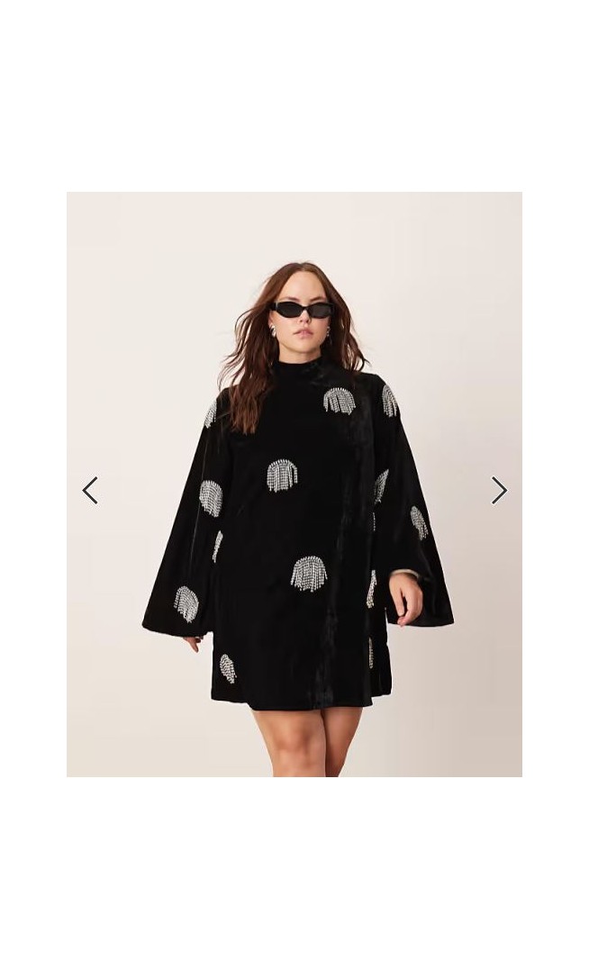 ASOS EDITION Curve embellished diamante fringe high neck velvet mini dress in black