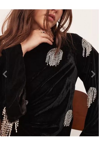 ASOS EDITION Curve embellished diamante fringe high neck velvet mini dress in black