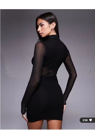ASOS DESIGN mesh draped mini dress with high neck in black