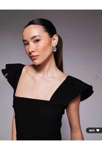 Vesper Petite bengaline square neck ruffle sleeve side split midaxi dress in black