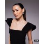 Vesper Petite bengaline square neck ruffle sleeve side split midaxi dress in black