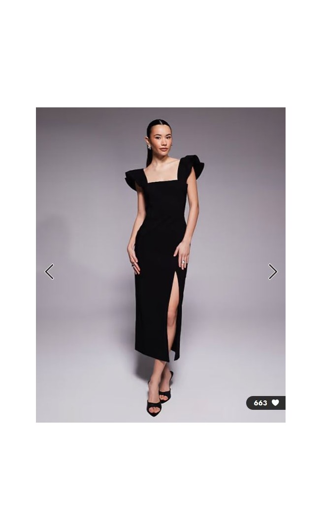 Vesper Petite bengaline square neck ruffle sleeve side split midaxi dress in black