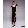 Vesper Petite bengaline square neck ruffle sleeve side split midaxi dress in black
