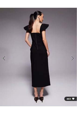 Vesper Petite bengaline square neck ruffle sleeve side split midaxi dress in black