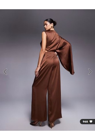 ASOS DESIGN satin one sleeve cut out jumpsuit in chocolate