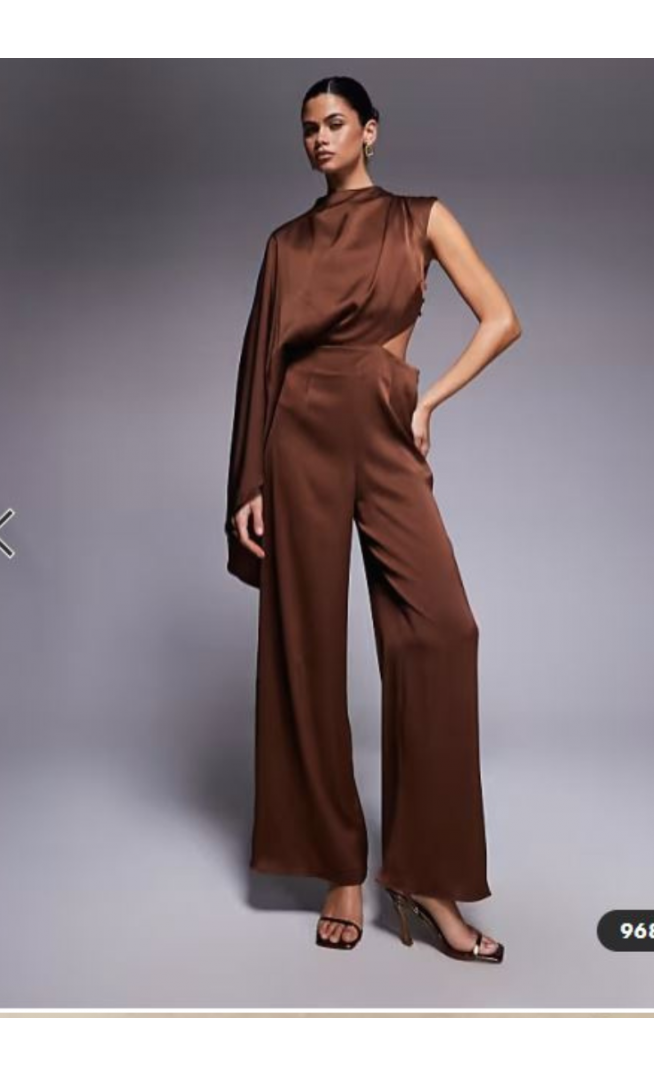 ASOS DESIGN satin one sleeve cut out jumpsuit in chocolate