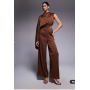 ASOS DESIGN satin one sleeve cut out jumpsuit in chocolate