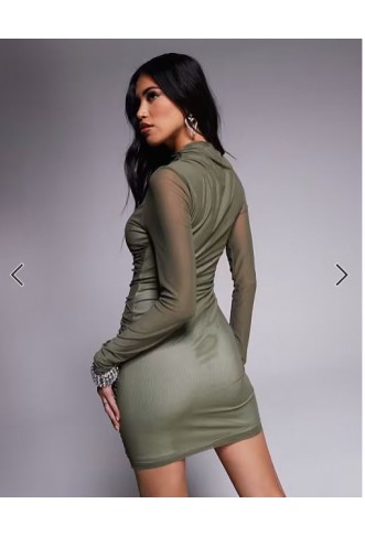ASOS DESIGN long sleeve ruched mesh mini dress with contrast lining in khak