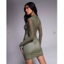 ASOS DESIGN long sleeve ruched mesh mini dress with contrast lining in khak
