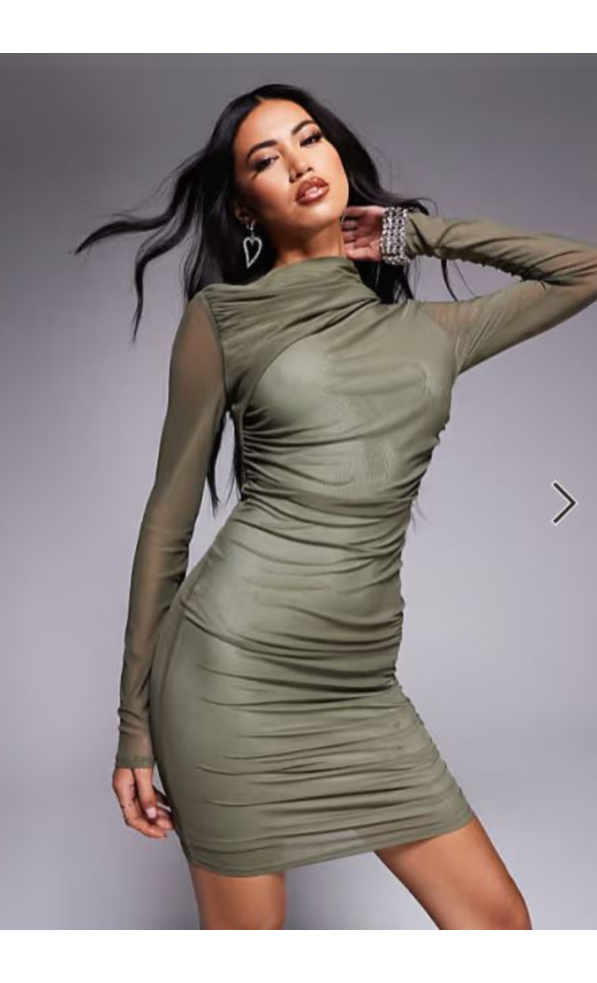 ASOS DESIGN long sleeve ruched mesh mini dress with contrast lining in khak