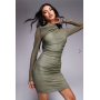 ASOS DESIGN long sleeve ruched mesh mini dress with contrast lining in khak