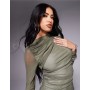 ASOS DESIGN long sleeve ruched mesh mini dress with contrast lining in khak