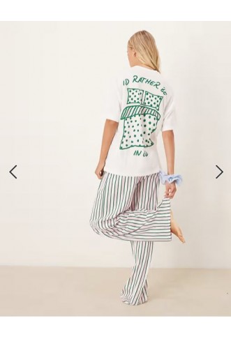 ASOS DESIGN oversized tee and wide leg trouser pyjama set in stripe bed graphic