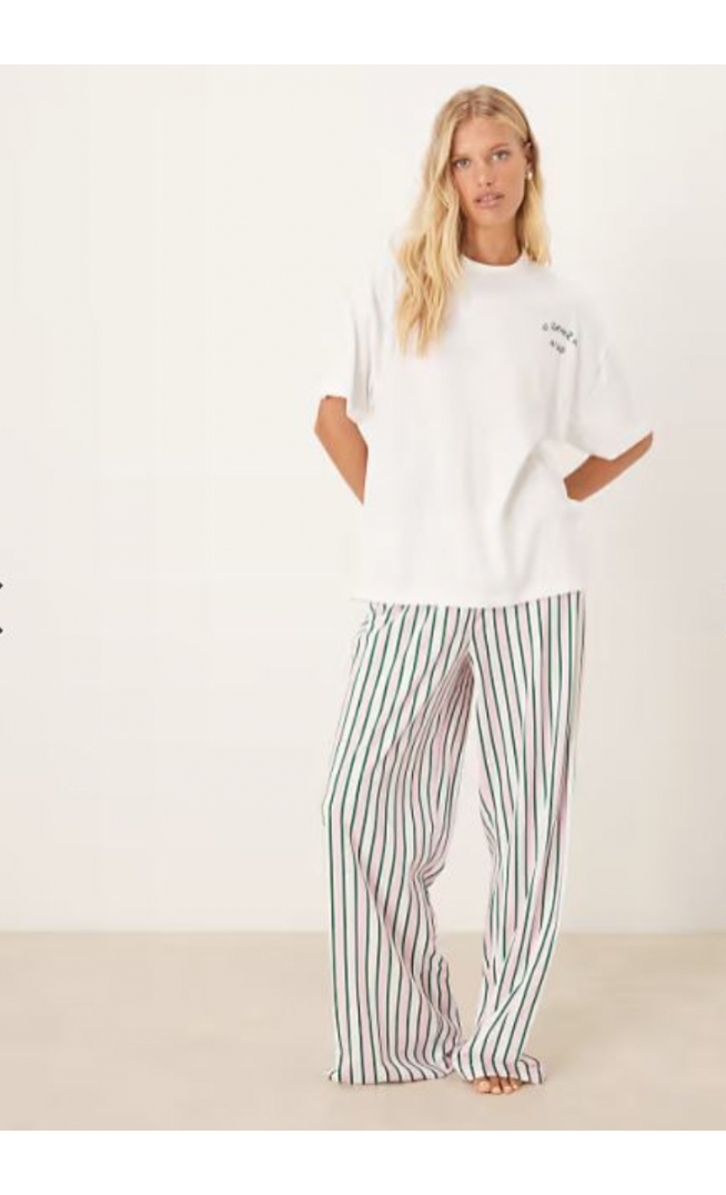 ASOS DESIGN oversized tee and wide leg trouser pyjama set in stripe bed graphic