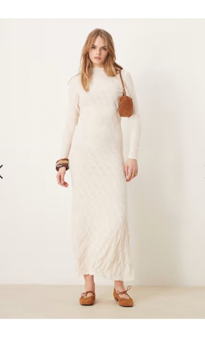 Vila long sleeve high neck textured maxi dress in birch cream