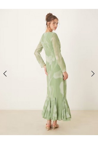 ASOS DESIGN cowl neck maxi dress with godet hem in blurred green print