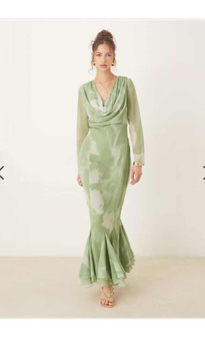 ASOS DESIGN cowl neck maxi dress with godet hem in blurred green print