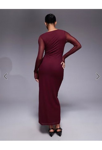 ASOS DESIGN mesh long sleeve midi dress in burgundy