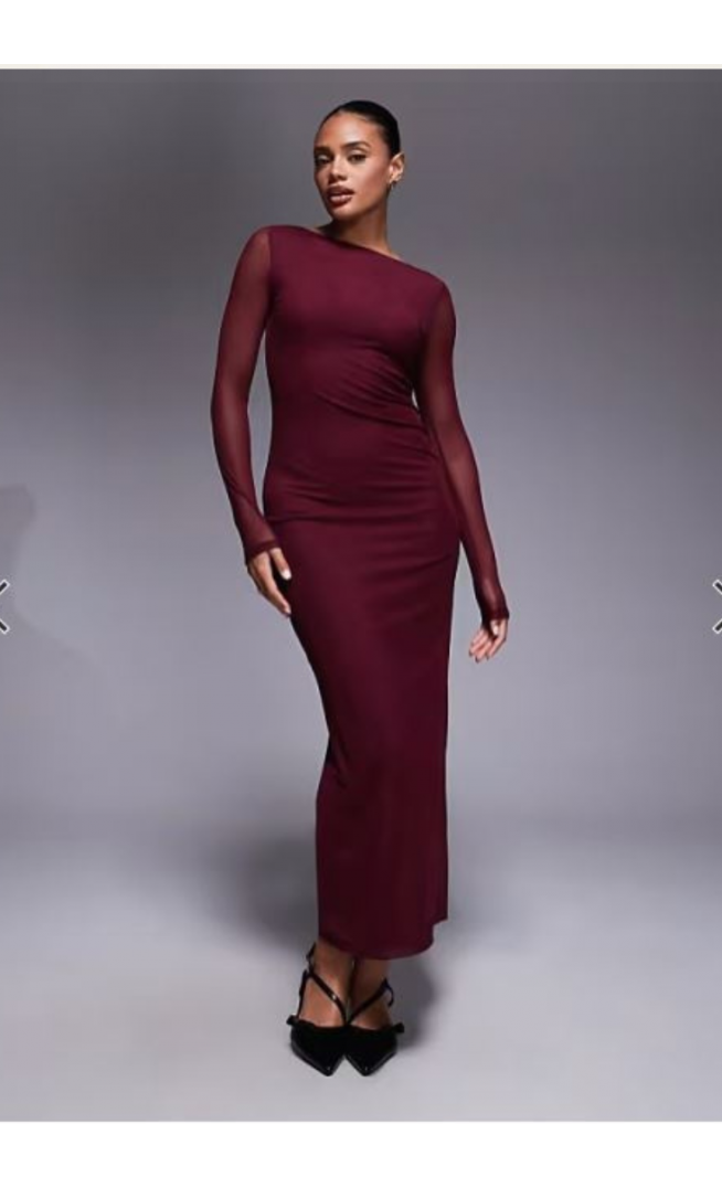 ASOS DESIGN mesh long sleeve midi dress in burgundy
