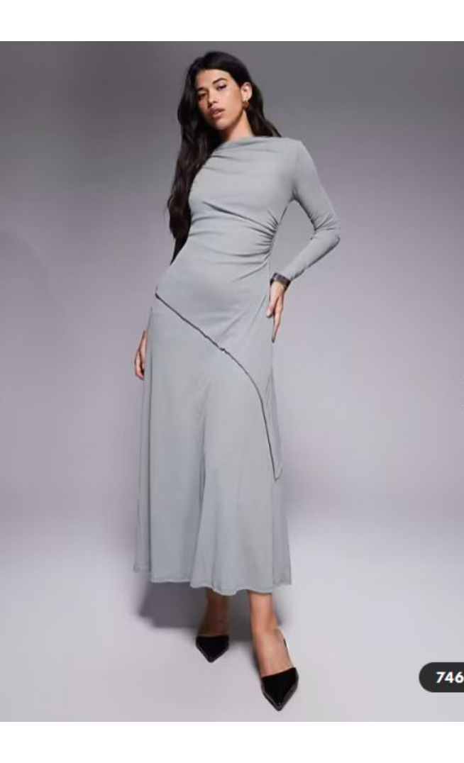 ASOS DESIGN long sleeve drape detail maxi dress in grey