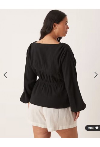 ASOS DESIGN Curve long sleeve smock top with button front in black