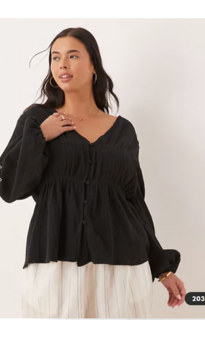 ASOS DESIGN Curve long sleeve smock top with button front in black