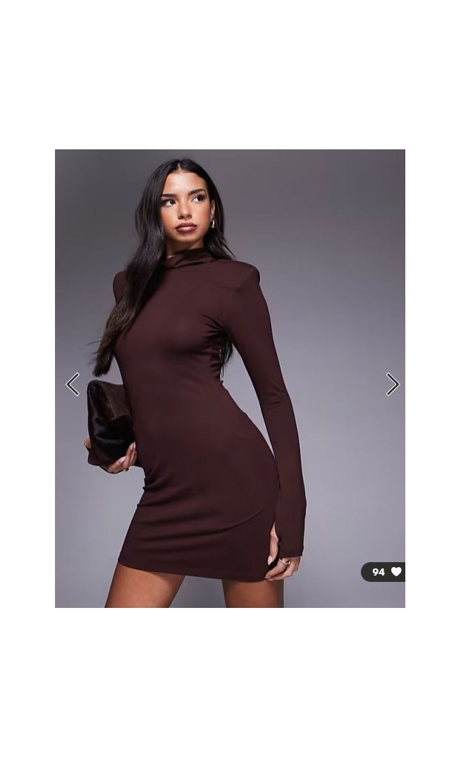 ASOS DESIGN roll neck mini dress with shoulder pad detail in brown