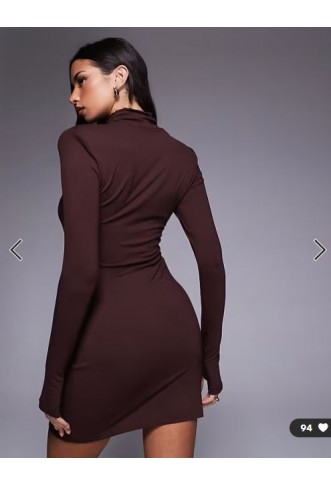 ASOS DESIGN roll neck mini dress with shoulder pad detail in brown