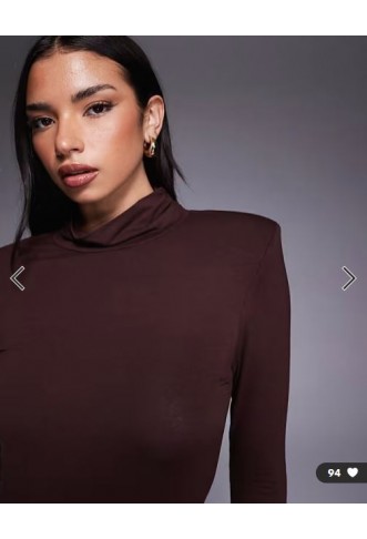 ASOS DESIGN roll neck mini dress with shoulder pad detail in brown