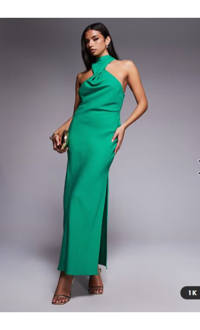 ASOS DESIGN twist neck midi dress with hardware trim in green