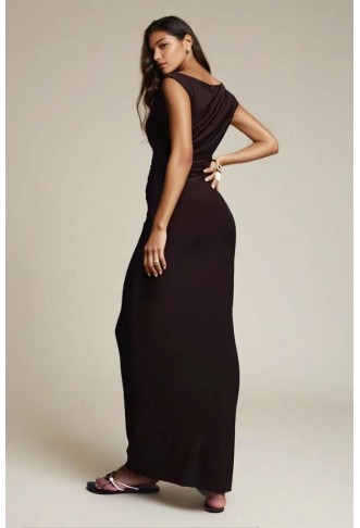 Exclusive Double Sculpted Slinky Sleeveless Asymmetric Neck Ruched Bodycon Maxi Dress in Chocolate