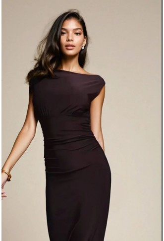 Exclusive Double Sculpted Slinky Sleeveless Asymmetric Neck Ruched Bodycon Maxi Dress in Chocolate