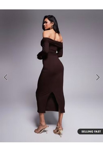 ASOS DESIGN off shoulder twist midi dress with long sleeves in chocolate