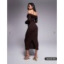 ASOS DESIGN off shoulder twist midi dress with long sleeves in chocolate