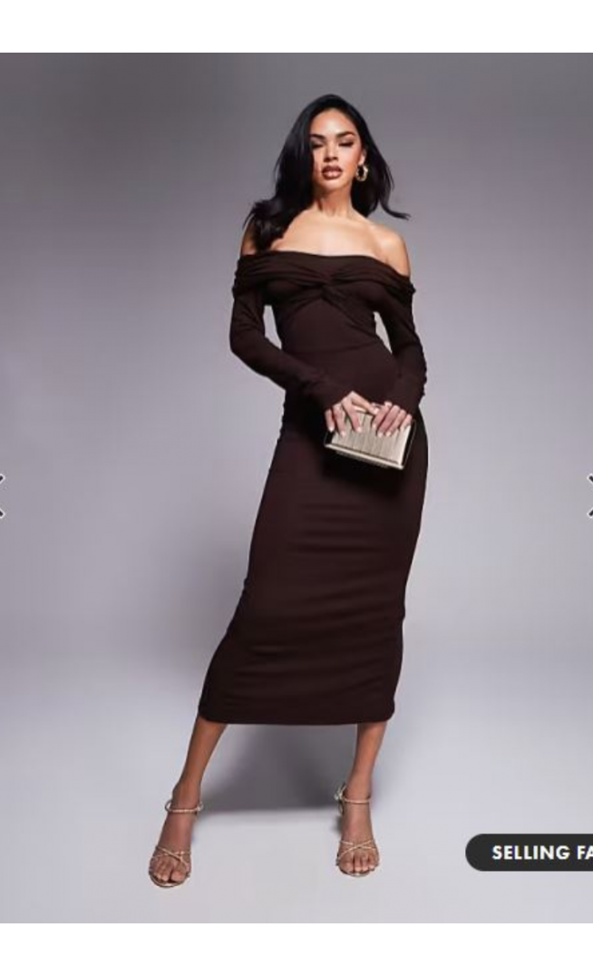 ASOS DESIGN off shoulder twist midi dress with long sleeves in chocolate