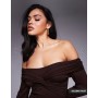ASOS DESIGN off shoulder twist midi dress with long sleeves in chocolate